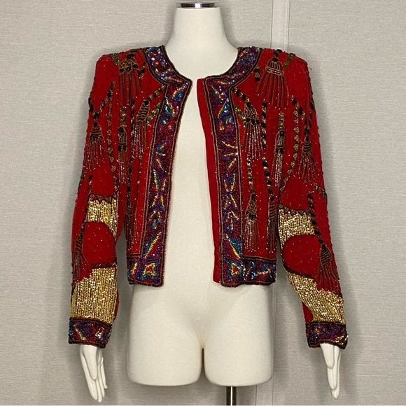 Vintage 80s Lawrence Kazar red beaded evening jacket - Picture 2 of 12